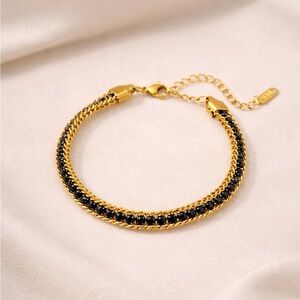 NEW Double Chain Bracelet With Black CZ Inlay Gold PVD Coated Stainless Steel